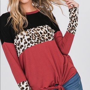NWT Rust, black, & leopard color block top